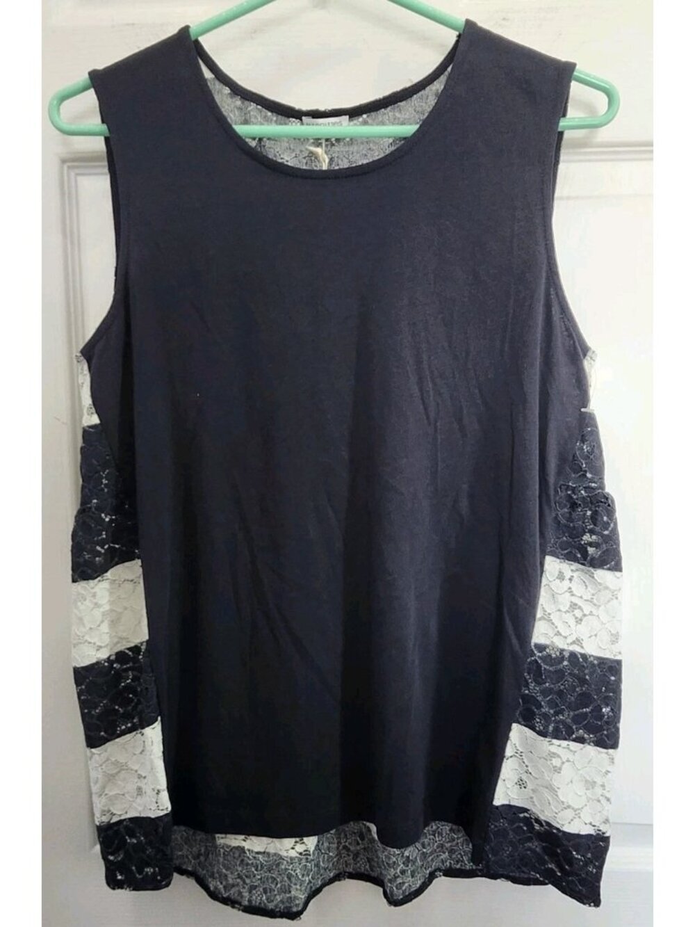 Margittes Navy Tank with Navy & White striped lacey back with peplum Large NWT